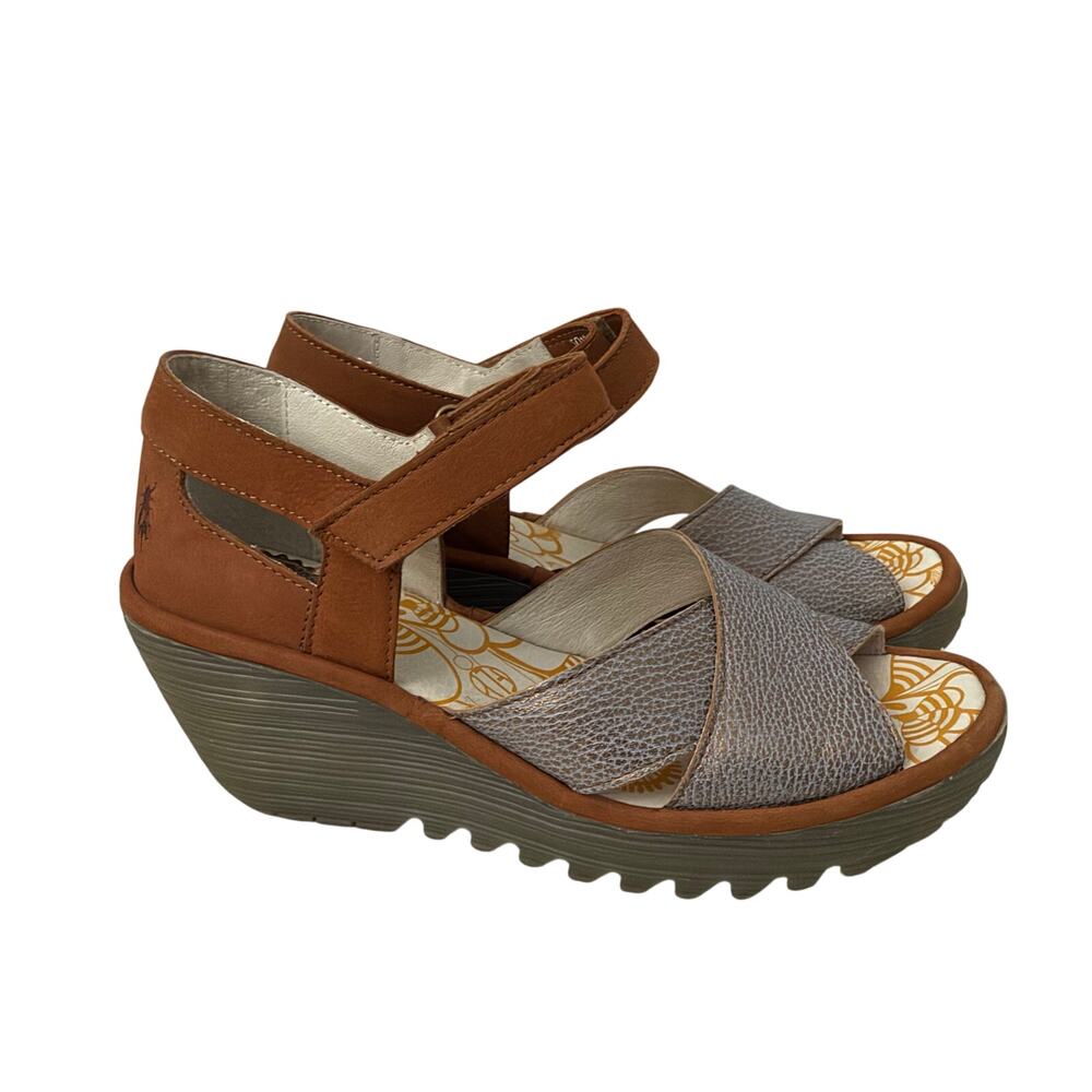 Fly London Sandals Womens Size 8 Yent Wedge Brown Bronze Leather 38